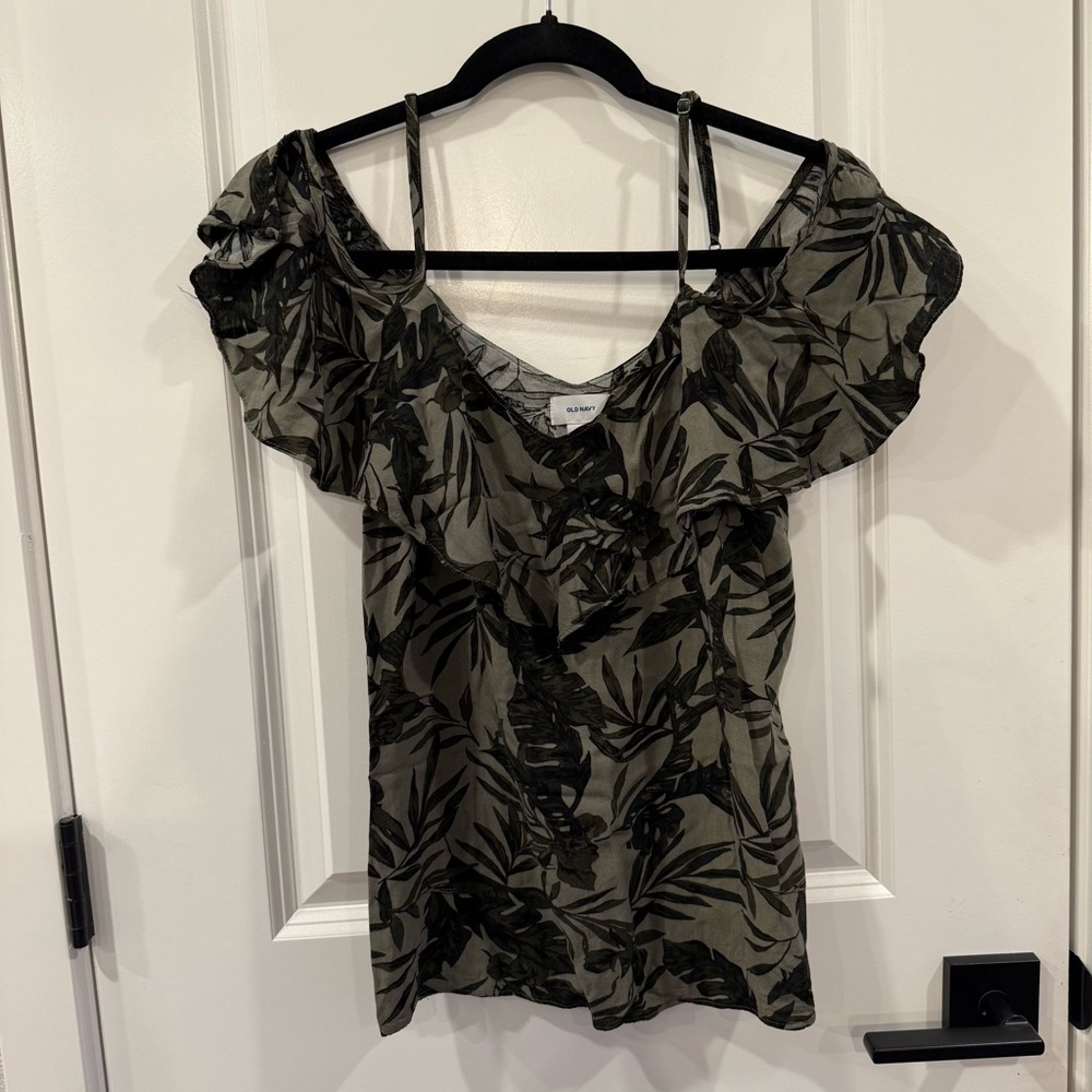 Old Navy Olive Leaf Print Cold Shoulder Blouse